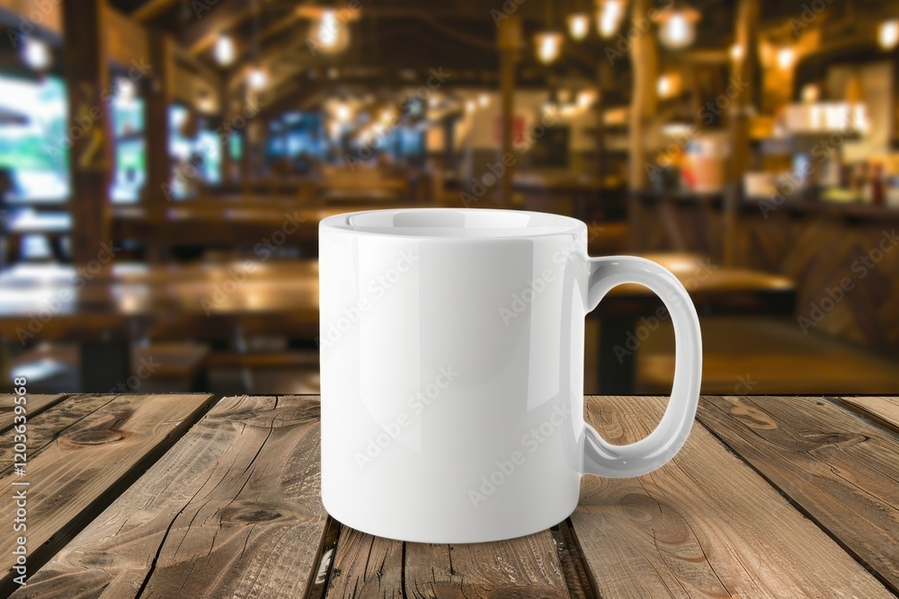 Blank White Coffee Mug on Rustic Wooden Table in a Cozy Cafe Setting Blank White Coffee Mug on Rustic Wooden Table in a Cozy Cafe Setting