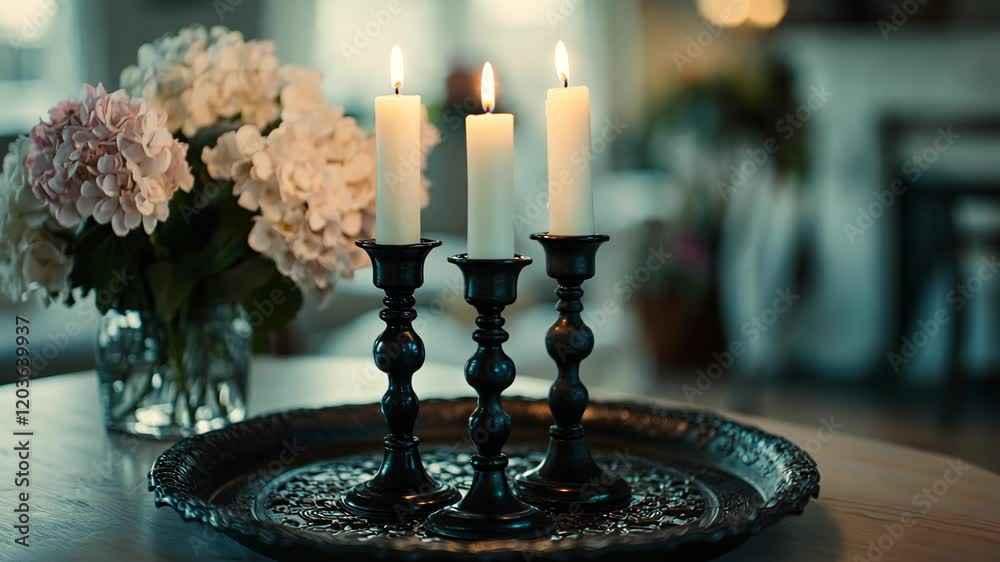 Black candles on the table, a stock photo of two black candle holders standing upright in an iron tray with pink flowers nearby, a close-up shot of three burning white candles, 