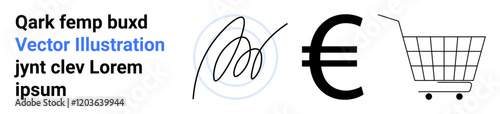 Text in a blue and black serif font beside a circular scribble resembling a signature, a Euro currency symbol, and an empty shopping cart with small wheels. Ideal for digital marketing, payment