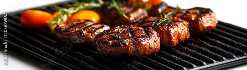 Deliciously grilled steak garnished with fresh herbs and vibrant vegetables, perfect for showcasing culinary mastery. photo