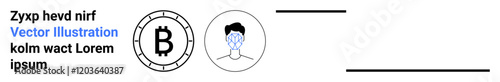 Cryptocurrency coin symbol, stylized human head, text elements, solid black lines. Ideal for cryptocurrency, blockchain technology, digital currency, fintech, decentralization, security, anonymity