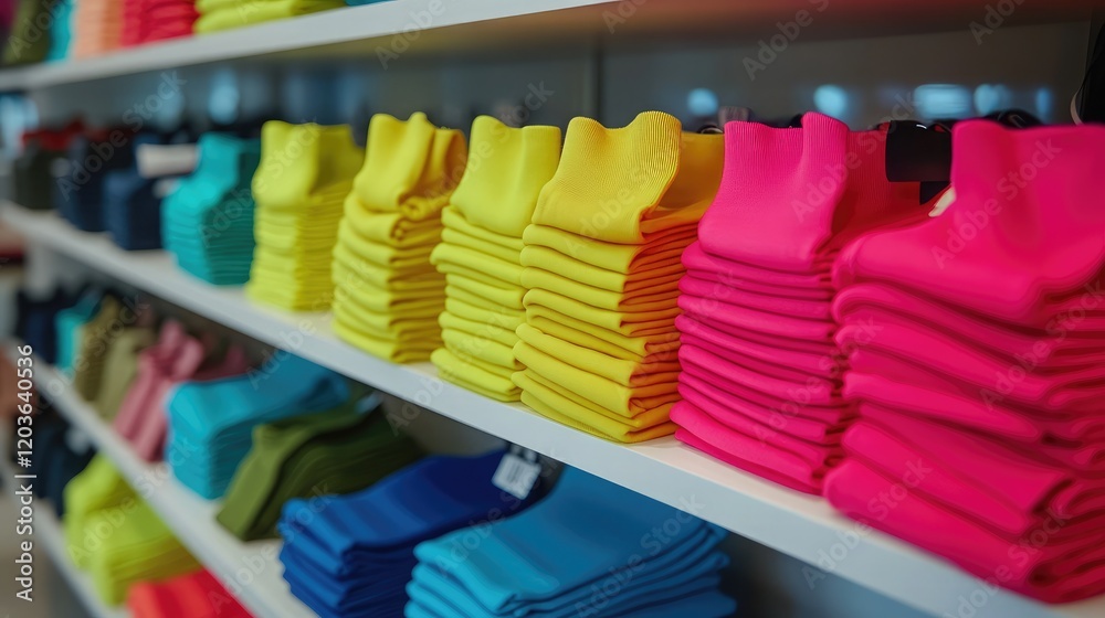 Bright neon socks folded neatly on a modern shelf in a retail setting Bright neon socks folded neatly on a modern shelf in a retail setting