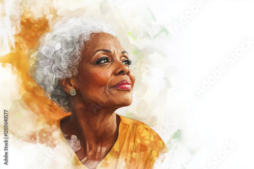 Joyful watercolor style image of an older black woman looking hopeful and happy, she has her chin raised and an expression of peace and joy. Landscape aspect ratio 125:83 photo