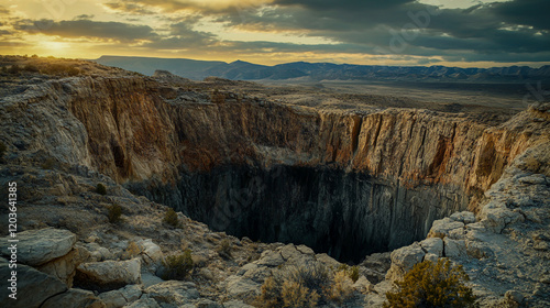 Stunning sinkhole on a rugged, rocky landscape, captured with dramatic lighting and high detail photo