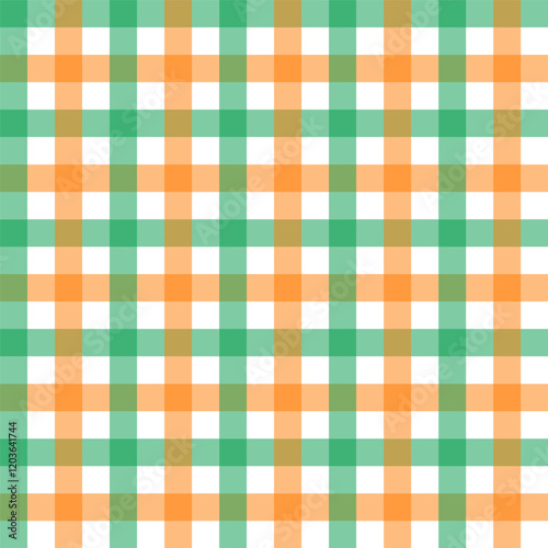 Gingham seamless pattern.Checkered tartan plaid repeat pattern in green orange white.Geometric vector illustration background wallpaper for fabric and prints.