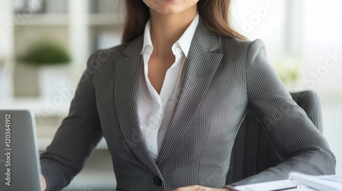 A confident businesswoman in a professional setting, focused on her laptop, embodying empowerment and modern workplace dynamics. photo