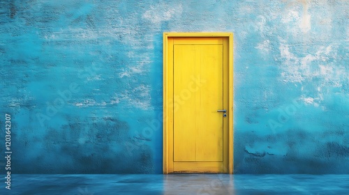 yellow door on blue wall