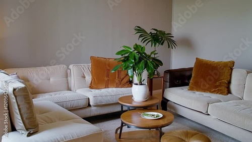 Living room with a white couch, brown couch, and a coffee table with a potted plant, accented by warm lighting and a cozy atmosphere.