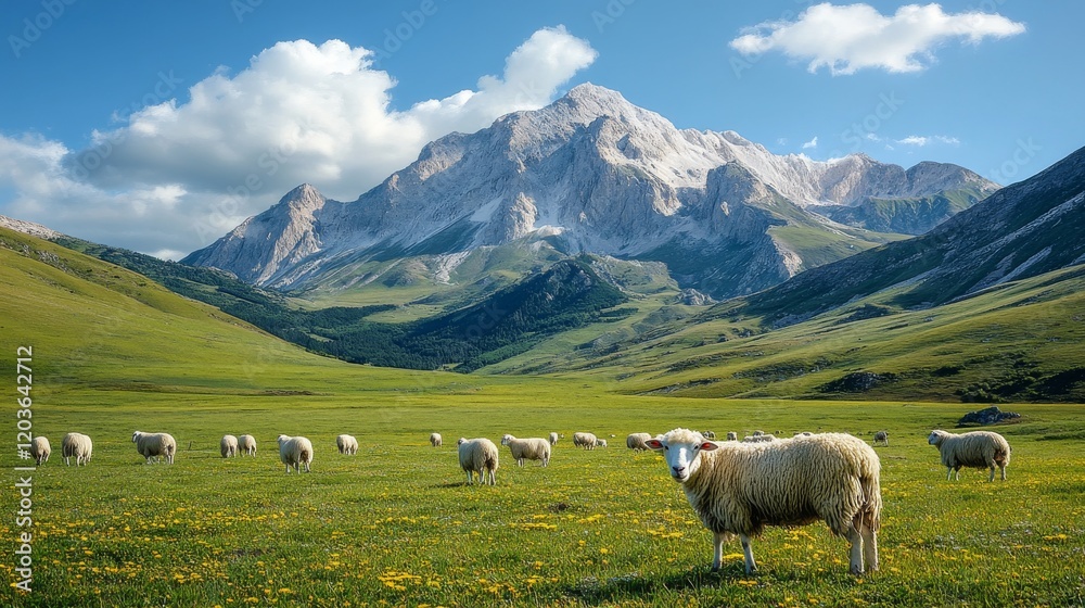 Fototapeta premium Sheep grazing peacefully in a vibrant meadow against a majestic mountain backdrop under clear blue skies with scattered clouds