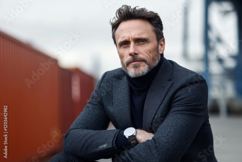Stylish man poses confidently near shipping containers at an urban industrial site during a cloudy day