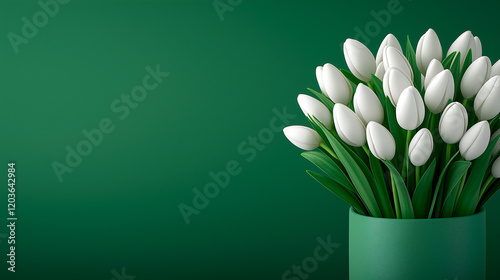 Bouquet from white tulips in green vase on green background. Ideal for card and advertisement.  Copy space.