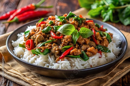 Delicious Thai Pad Krapao: Stir-fried Pork Basil Rice photo