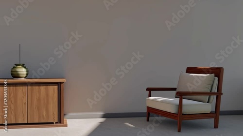 Modern living room with a wooden cabinet and armchair, rendered in 3D animation with realistic home design in 4K resolution.