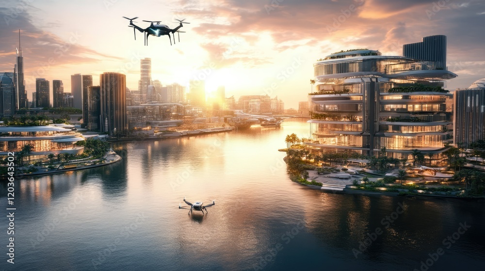Fototapeta premium Futuristic cityscape at sunset featuring modern