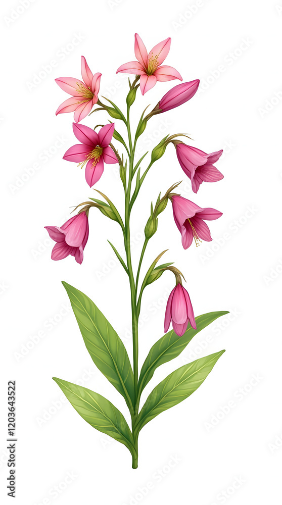 Fototapeta premium Illustration of pink bellflowers with bright green stems and leaves, done in botanical style, isolated on white background.