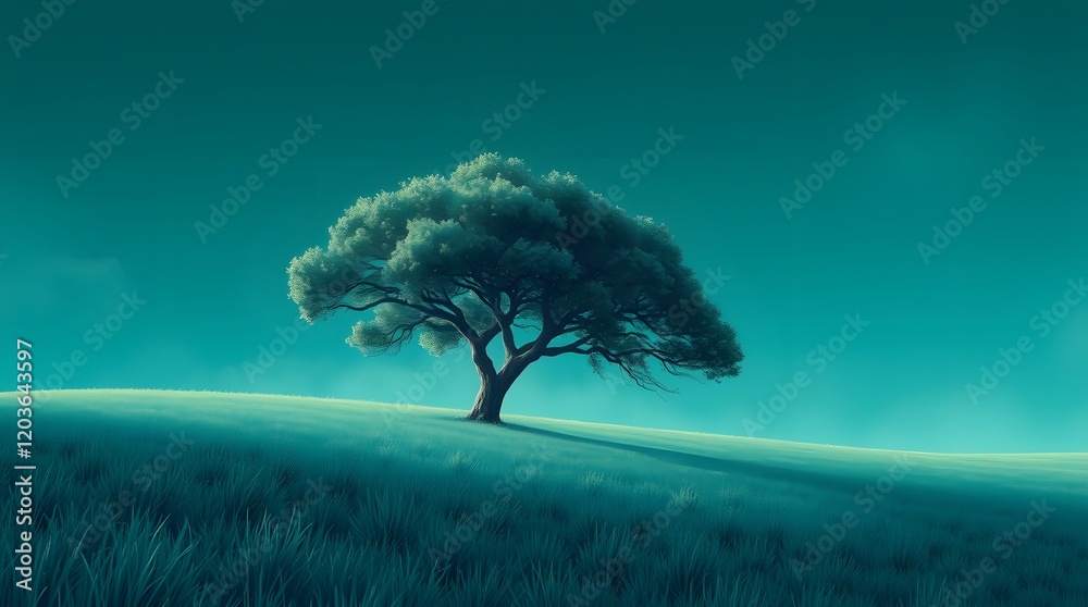 Fototapeta premium Lone Tree Serene Landscape Teal Sky Grassy Field