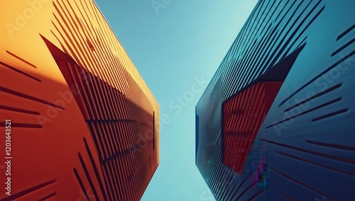 Abstract Architectural Photography of Two Modern Buildings with Striking Colors and Unique Design Elements Under Clear Blue Sky photo