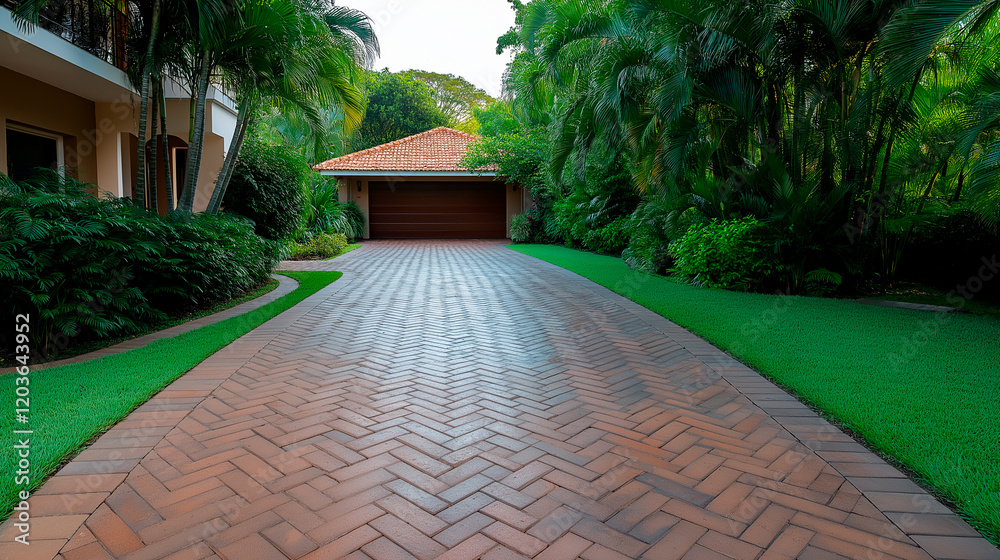 Fototapeta premium Charming tropical home amidst lush greenery and brick pathway.