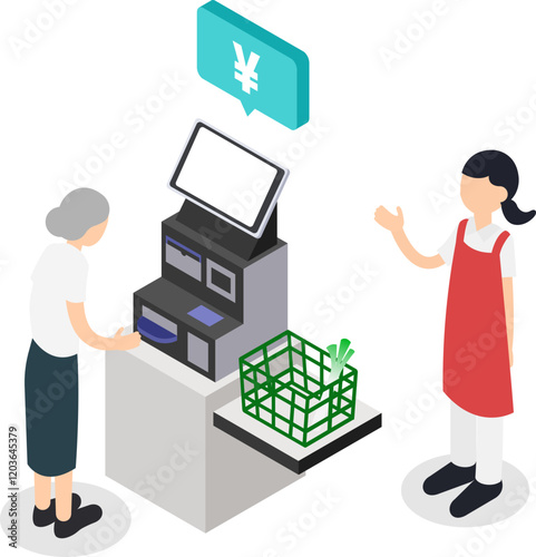 スーパーでセルフレジを使う高齢女性と案内する店員のアイソメトリックイラスト