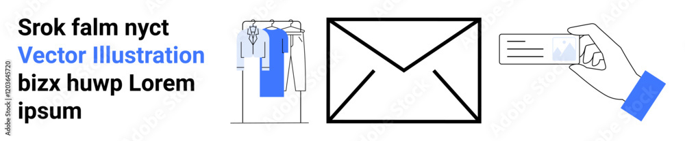 Clothing rack with shirts, large envelope, and hand holding a business card. Ideal for e-commerce, marketing, communication, branding, corporate identity customer service and retail. Landing page Clothing rack with shirts, large envelope, and hand holding a business card. Ideal for e-commerce, marketing, communication, branding, corporate identity customer service and retail. Landing page
