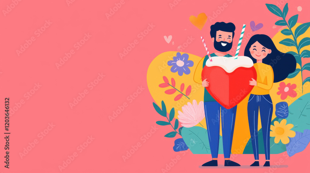 Heart shaped, A couple holding a heart surrounded by flowers and foliage, set against a pink background, symbolizing love and romance. Heart shaped, A couple holding a heart surrounded by flowers and foliage, set against a pink background, symbolizing love and romance.