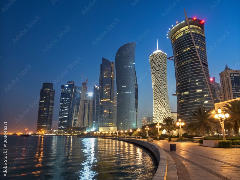 Obraz premium Doha Corniche Night Skyline: Panoramic View of Modern Illuminated Skyscrapers Reflecting in the Water