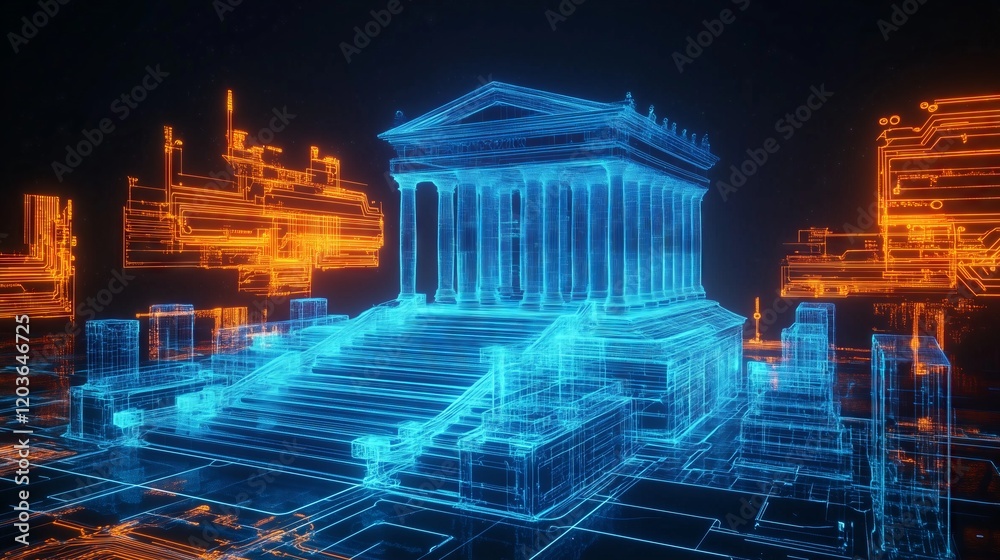 Obraz premium Futuristic wireframe greek temple emerging from digital circuitry