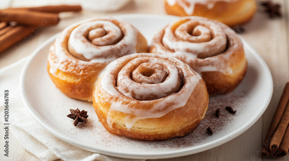Homemade Cinnabon Buns with Cinnamon and Cream on a white plate on a wooden table and napkin Homemade Cinnabon Buns with Cinnamon and Cream on a white plate on a wooden table and napkin