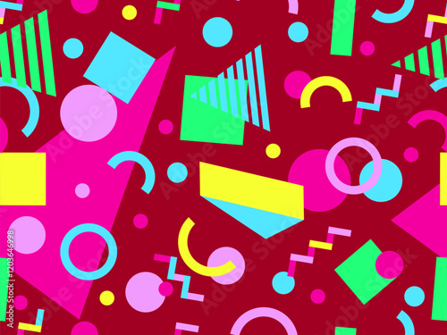 Geometric seamless pattern with memphis elements in 80s style. Colorful geometric 3D figures in isometric style. Design of promotional products, wrapping paper and printing. Vector illustration