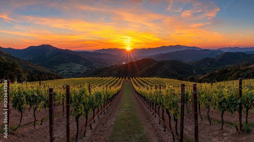 Fototapeta premium Vineyard sunset panorama, hills, rural landscape, idyllic scene, travel photography