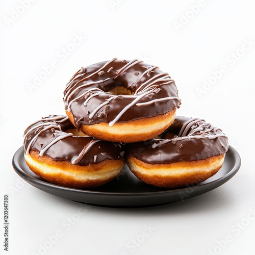 Plate of assorted colorful donuts with icing and sprinkles on a white background