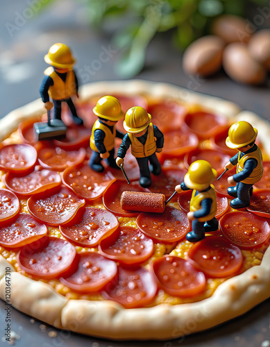 A miniature construction team laying down tiny slices of pepperoni like floor