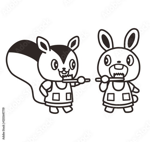 歯磨きをするリスとウサギのイラスト