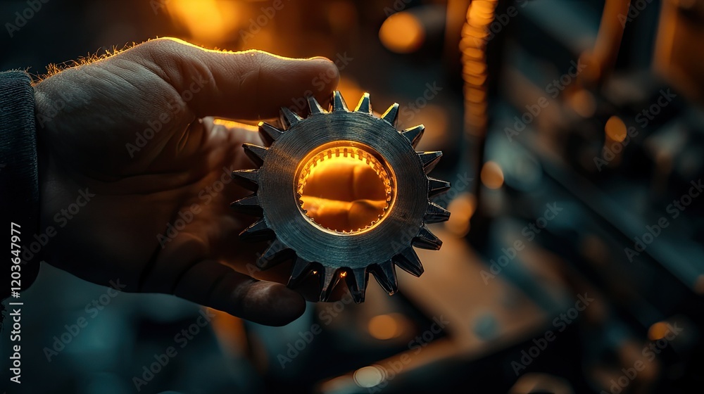 custom made wallpaper toronto digitalClose-up of a hand holding a glowing gear in a dimly lit workshop
