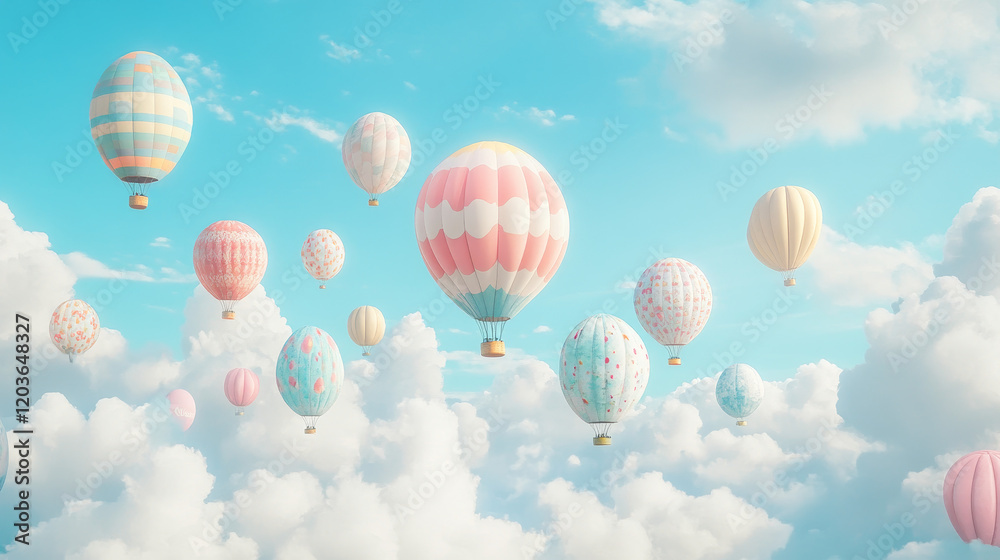Fototapeta premium Colorful hot air balloons float gracefully in a bright blue sky over fluffy white clouds capturing the essence of adventure and freedom