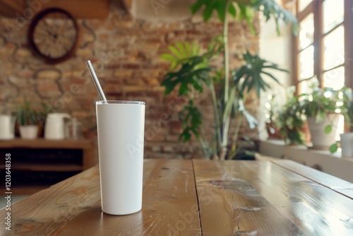 Modern White Cup with Straw on Rustic Wooden Table in Bright Room