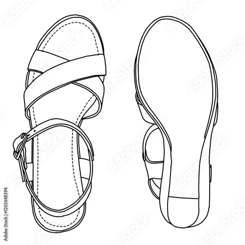 Women's Espadrille Wedge Sandal With Cross Strap Model line art, Technical sketch hand drawing outline vector doodle top and bottom view isolated on white background for coloring page