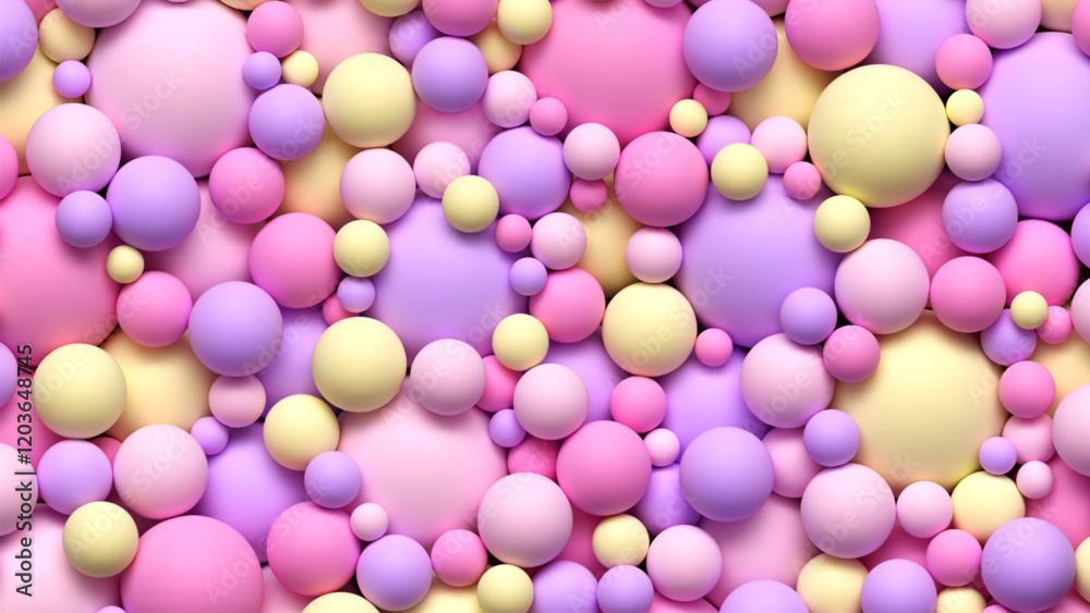 Dreamy smooth pastel spheres of different sizes in soft vibrant gentle pink yellow and purple tones. Pile of many soft bright balls background for modern decor and digital design. Vector illustration Dreamy smooth pastel spheres of different sizes in soft vibrant gentle pink yellow and purple tones. Pile of many soft bright balls background for modern decor and digital design. Vector illustration