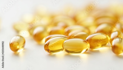 Close-up of translucent golden Vitamin E capsules on a clean white surface