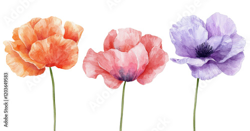 Acuarela representando tres flores amapolas de colores  morado, rosa y naranja, simétricas y  una junto a las otras, sobre fondo blanco