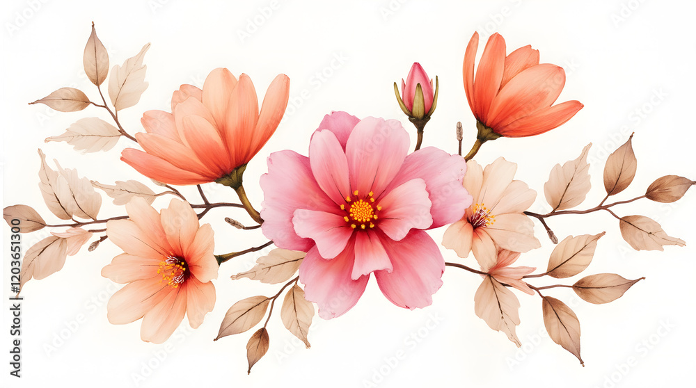 Fototapeta premium Watercolor painting of a flower bouquet with pink and orange flowers, delicate leaves in warm shades.