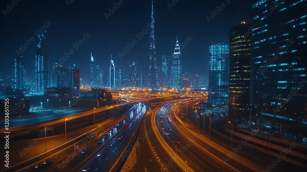 Obraz premium Vibrant city skyline with dynamic highway lights at night cinematic view.