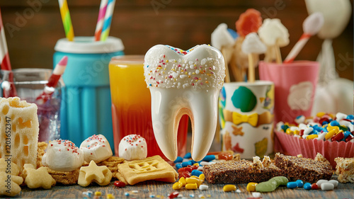 An informative display featuring a variety of sugary snacks and beverages alongside a model of a decayed tooth. This composition illustrates the correlation between diet and the development of caries