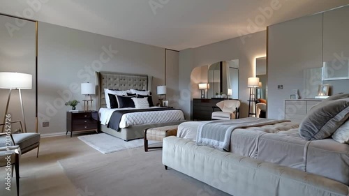 Beautiful modern bedroom interior with chic furniture and soothing tones, designed for relaxation and comfort.