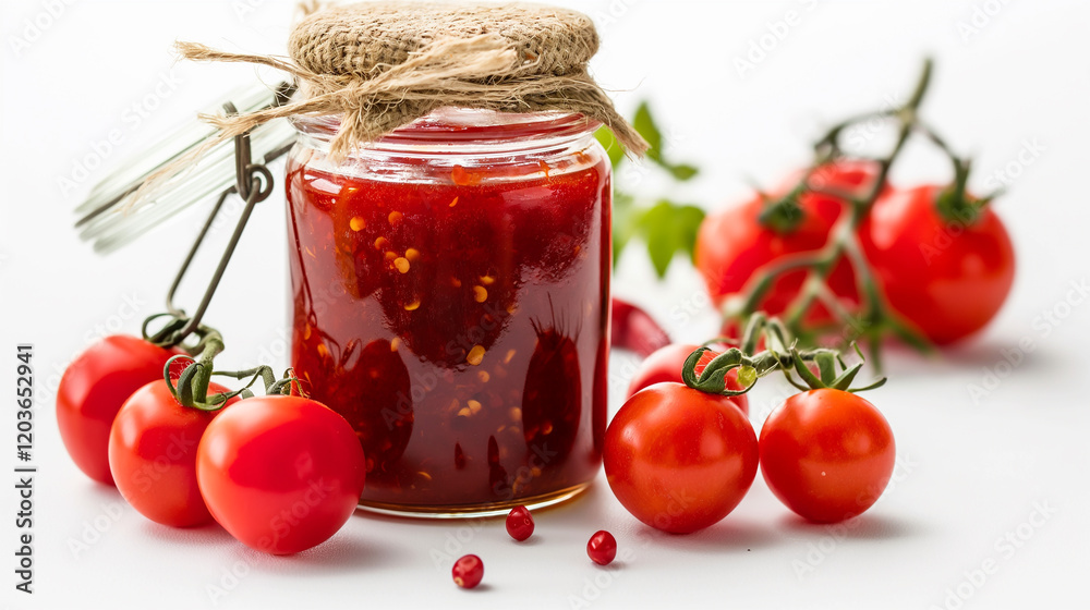 Tomato and chili sauce jam in a glass jar Tomato and chili sauce jam in a glass jar