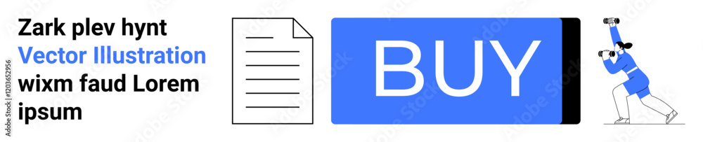 Large blue BUY button, paper document icon, person viewing through binoculars, highlighted text Vector Illustration. Ideal for e-commerce, digital transactions, online shopping, customer engagement Large blue BUY button, paper document icon, person viewing through binoculars, highlighted text Vector Illustration. Ideal for e-commerce, digital transactions, online shopping, customer engagement