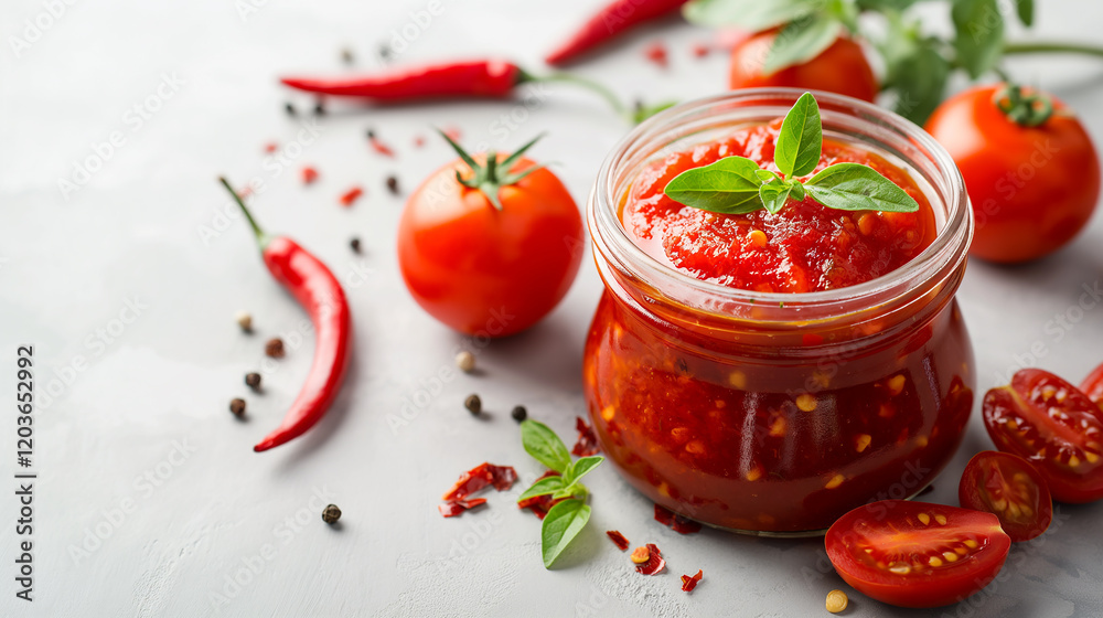 Tomato and chili sauce jam in a glass jar Tomato and chili sauce jam in a glass jar