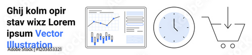 Bar and line graph on digital screen, clock, shopping cart with down-arrow. Ideal for data analysis, time management, e-commerce, productivity, business growth, strategic planning. Landing page