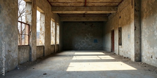 Sunlit Interior of an Abandoned Building  Dust-Covered Floor, Weathered Walls, and Broken Windows