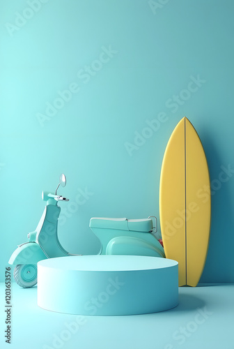 Podium show products and goods light blue sky color scooter and yellow serve board on backdrop in various settings, Light blue on background.